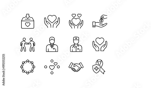 Volunteering and Charity Line Icons Set with Donation Care and Medical Support Editable Stroke Vector