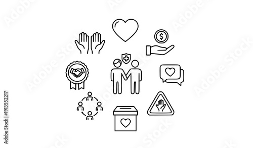 Charity and Volunteering Outline Web Icons Collection with Helping Hands Donation and Support Symbols