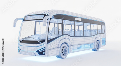 Futuristic Electric Bus Concept with Digital Network Overlay.