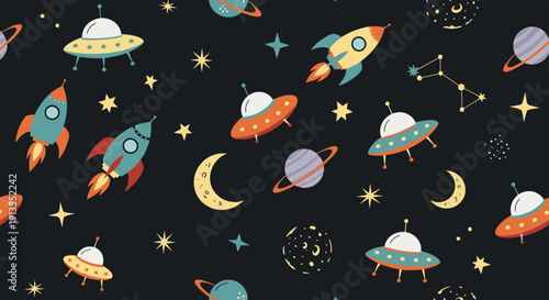 Seamless space pattern with colorful rockets and flying saucers and planets and stars on a dark background for children wallpaper.