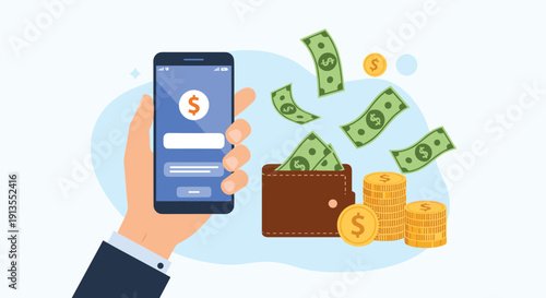 Hand holding a smartphone with money and coins flying out of a wallet representing mobile banking and digital payment applications.