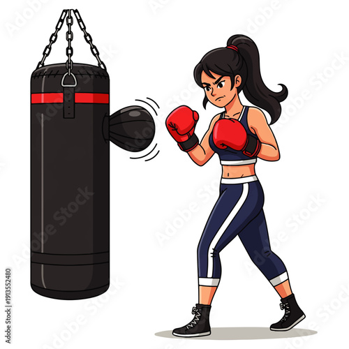 A determined cartoon woman in boxing gloves and sportswear trains with a punching bag and speed bag, showcasing strength, fitness, and an active lifestyle.