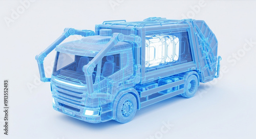 Transparent blue garbage truck model with white cylinders inside.