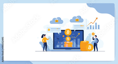 Cryptocurrency and bitcoin investment concept showing people monitoring charts and growth of digital assets on a laptop screen.