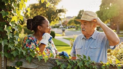 Senior diverse neighbors talking over garden fence on sunny day