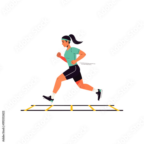 A young woman in athletic wear performing agility ladder drills, focusing on speed and coordination during her workout. Flat vector illustration on a white background.