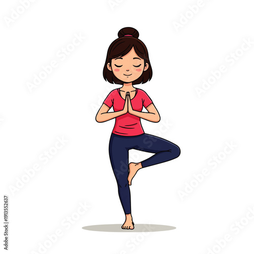 Cute cartoon woman practicing yoga tree pose (Vrksasana) with closed eyes and prayer hands, embodying balance, peace, and mindfulness. Ideal for health and wellness themes.