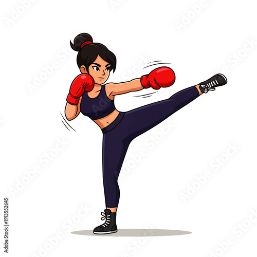 A determined cartoon woman in red boxing gloves and athletic wear performs a powerful high kick, symbolizing strength, fitness, and martial arts prowess.