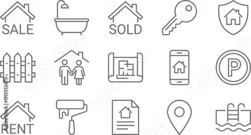 Cad drawing flat vector illustration of real estate line icon set featuring house for sale, rent, sold signs, blueprint, home security, and residential property symbols.