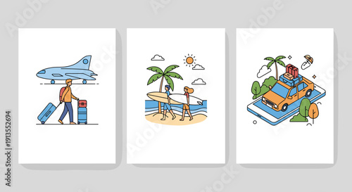 Set of three travel themed illustrations showing a person at the airport and surfers on a beach and a car trip on a smartphone.