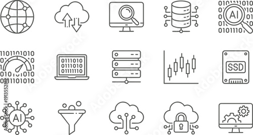 Cad drawing flat vector illustration of big data and artificial intelligence line icon set featuring cloud computing, machine learning, server hosting, and network security.