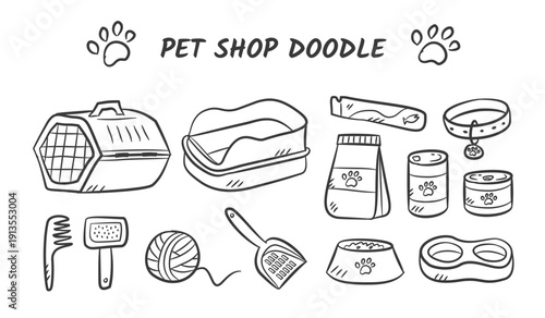 Pet accessories doodle set. Collection of pet equipments hand drawn illustration. Pet shop items for grooming scribble elements. Pet care, food, treats, bowl, collar, comb, cage for cat and dog.