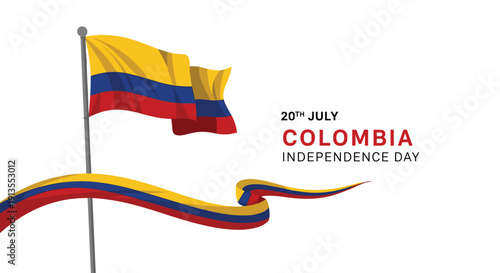 Celebration of Colombia Independence Day on 20th July featuring a waving national flag and colorful ribbon on white background.