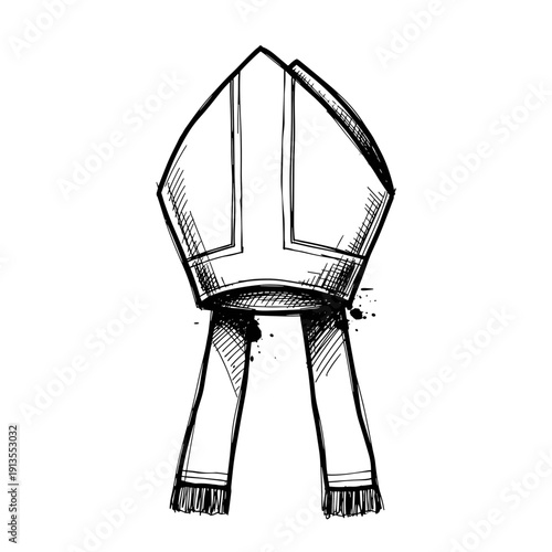 Illustration of a bishops hat with tassels, sketched in black ink, isolated on a white background