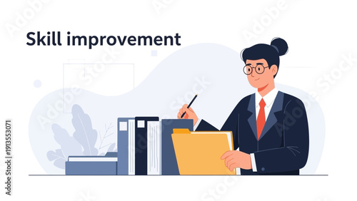 Businesswoman improving skills with books and documents, career development concept