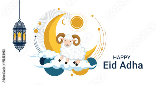 Greeting card for Happy Eid al-Adha celebration featuring a cute sheep on a cloud with a crescent moon and traditional lantern.