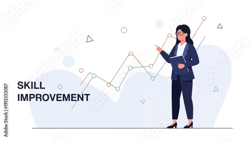 Businesswoman points to upward trending graph showing skill improvement and career growth.