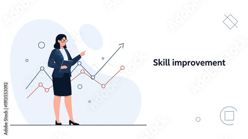 Businesswoman points to upward trending graph, skill improvement concept