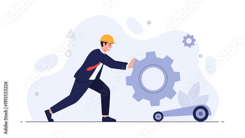 Engineer Pushing Gear, Innovation and Technology Concept