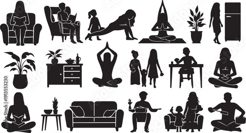 Black Silhouettes of People in Various Home Settings Daily