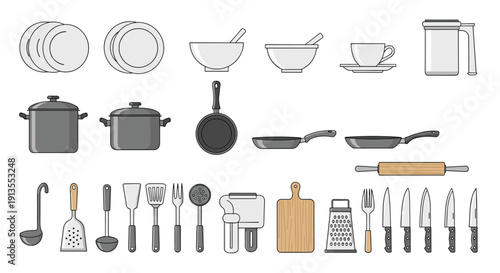 Comprehensive set of kitchenware icons including pots, pans, plates, cutlery, and various cooking utensils in gray tones.