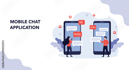 Illustration of mobile chat application with two people messaging each other through large smartphones and speech bubbles.