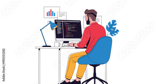 Man programmer working on computer at his office desk with code displayed on the monitor screen and plant nearby.