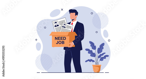 Conceptual illustration of a man looking for a job holding a box with CVs and a sign saying need job.