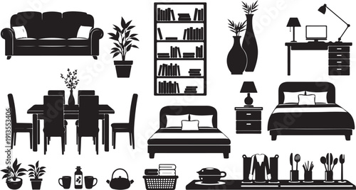 Black and white home furniture and decor illustration set