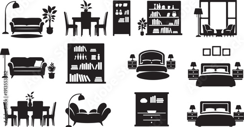 Various home furniture and decor icons in black silhouette
