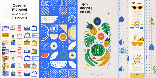 Colorful summer sale flyer with fruits shopping icons and seasonal elements