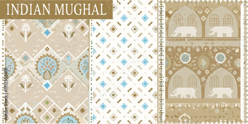 Indian mughal inspired patterns with floral and elephant motifs