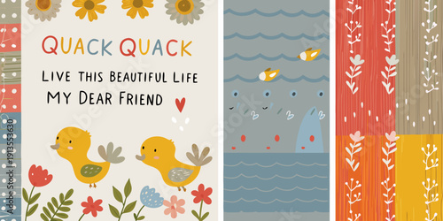 Colorful pattern with cute ducklings and inspirational text