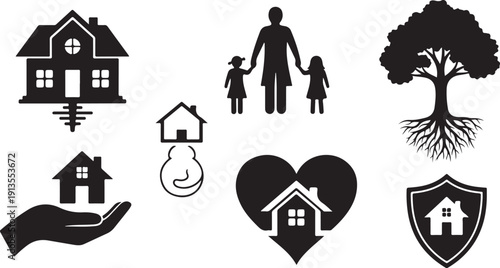 Family Home Protection and Security Symbols Icons Set Black