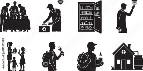 Black silhouettes of people buying and selling groceries daily