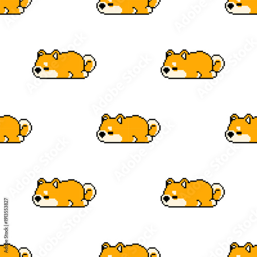 Adorable pixel Shiba dog seamless pattern in a clean repeating layout. Perfect for fabric, kids apparel, pet lover products, stickers, nursery decor, and print-on-demand designs.