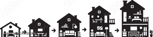 Houses evolving in size and complexity over time concept