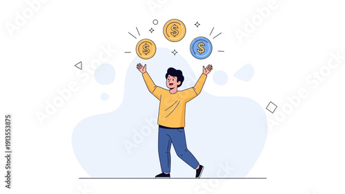 Man Juggling Golden Coins with Dollar Signs, Financial Success Concept
