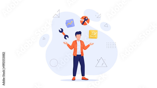 Man Juggling Business Icons and Tools, Concept of Management and Strategy