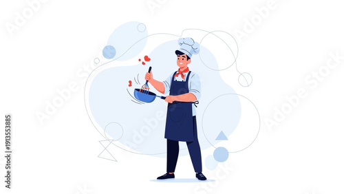 Happy Chef Cooking Food With Whisk and Pan, Isolated on White Background