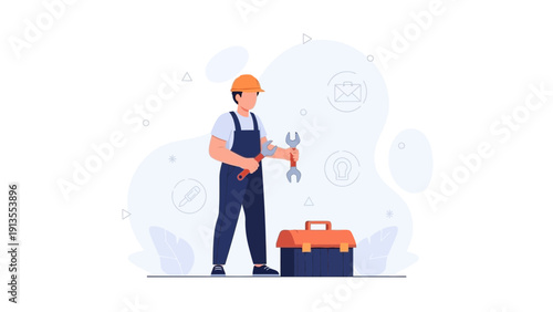 Maintenance worker with tools, toolbox, and repair icons on white background.