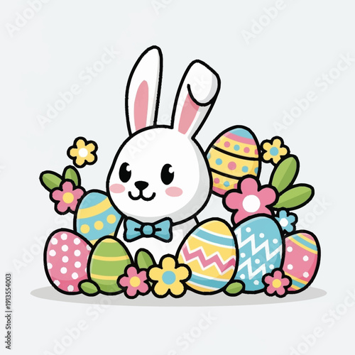 A cute cartoon white Easter bunny with a blue bow tie surrounded by colorful patterned eggs and spring flowers.