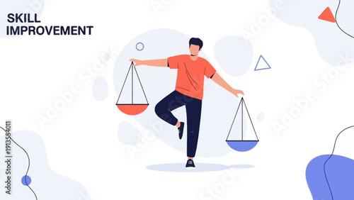 Man balancing scales, skill improvement concept, personal growth, and development