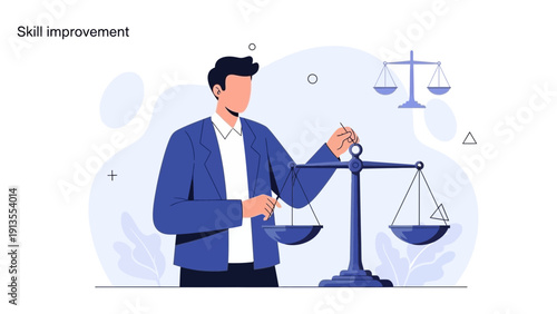 Man balancing scales, concept of justice, skill improvement, and decision making
