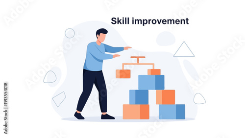 Man building career ladder with blocks, skill improvement concept