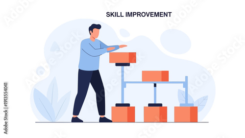 Man building career progress with stacked blocks, skill improvement concept