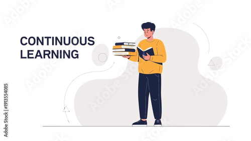 Man carrying stack of books, concept of continuous learning and education