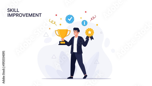 Man celebrating skill improvement with trophy and medal, confetti and awards