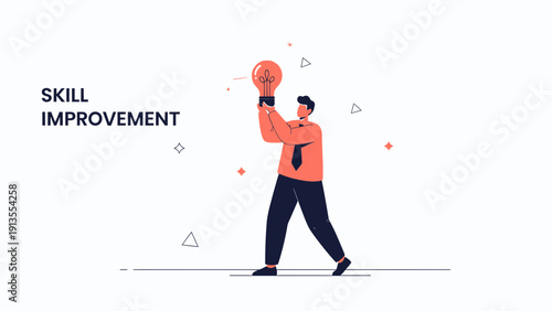 Man holding light bulb, idea, innovation, skill improvement, business concept, flat design