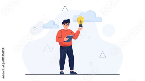 Man Holding Lightbulb and Tablet, Idea Generation, Innovation Concept